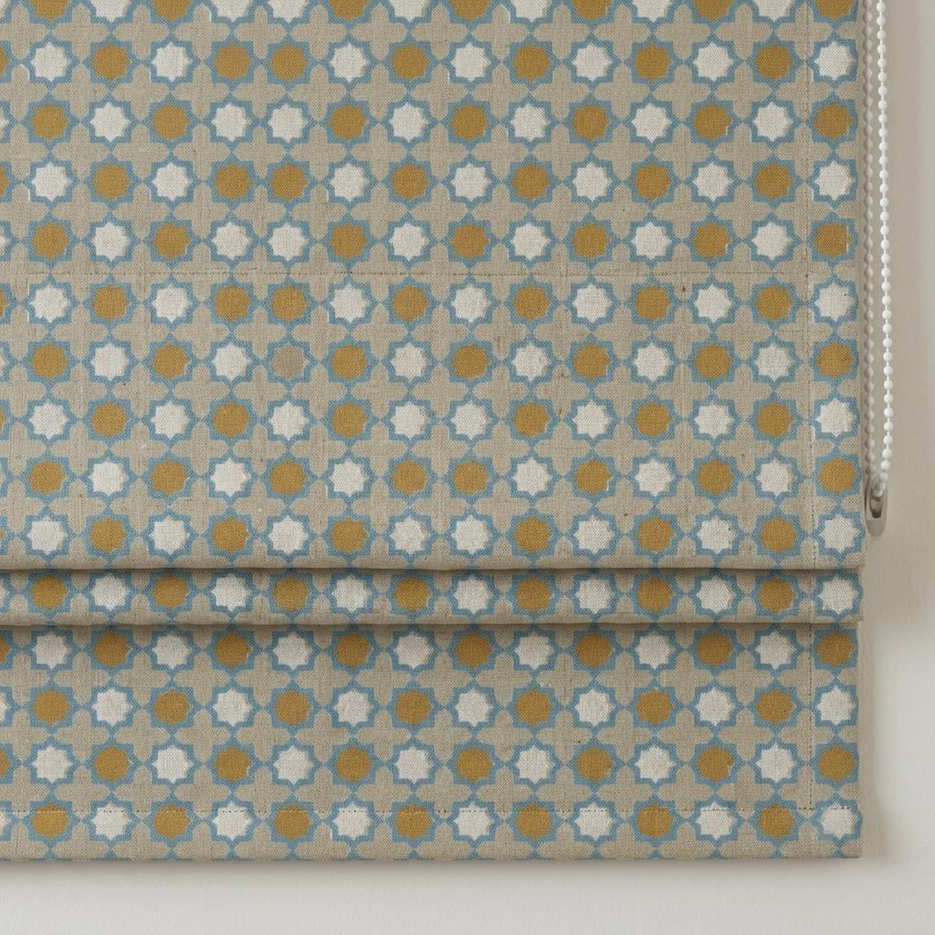 Sky Blue Mustard Linen Roman Shade, Beige Ivory Moroccan Geometric Blind, Custom Blackout or Light Filtering — image 1