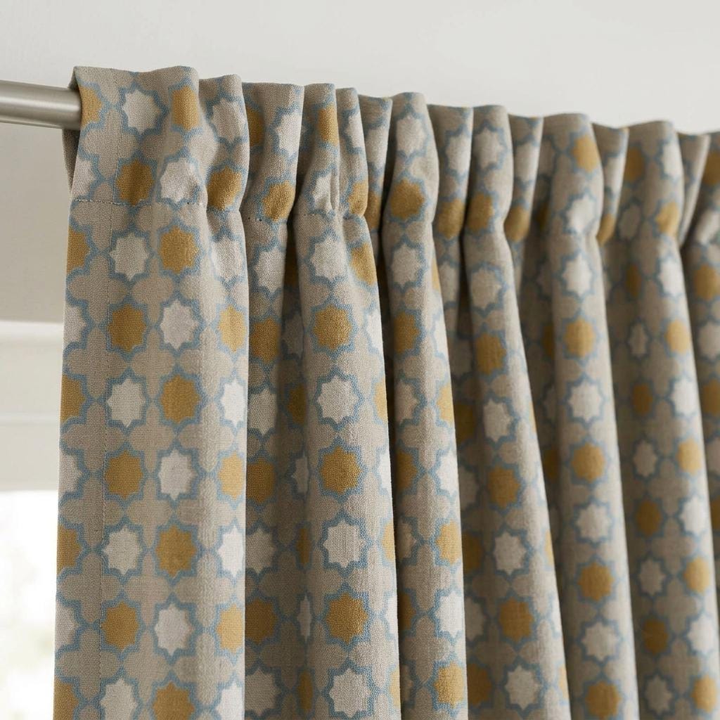Mustard Gold Blue Pure Linen Curtains, Beige Moroccan Geometric Print, Custom Blackout or Light Filtering — image 1