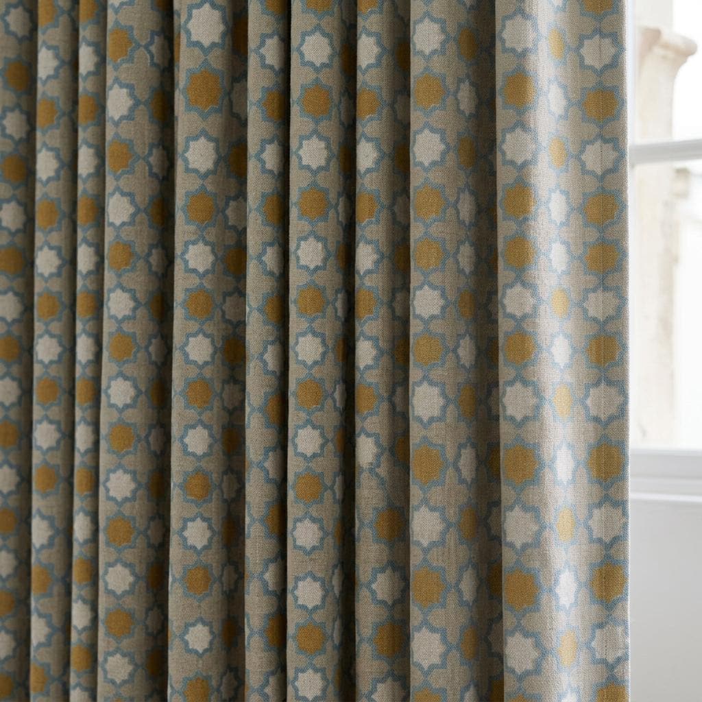 Mustard Gold Blue Pure Linen Curtains, Beige Moroccan Geometric Print, Custom Blackout or Light Filtering — image 1