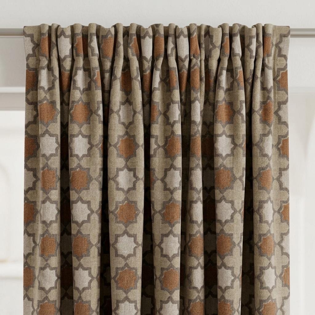 Rust Terracotta Ivory Pure Linen Curtains, Taupe Moroccan Geometric Print, Custom Blackout or Light Filtering — image 1