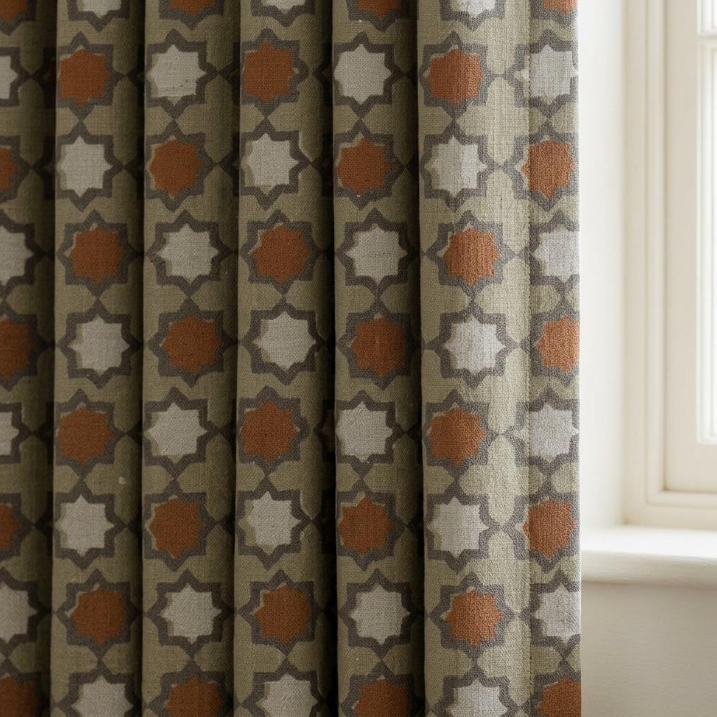 Rust Terracotta Ivory Pure Linen Curtains, Taupe Moroccan Geometric Print, Custom Blackout or Light Filtering — image 1