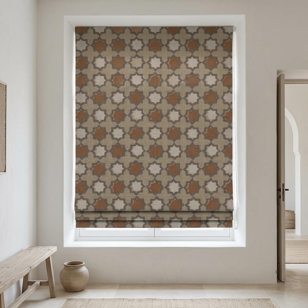 Rust Terracotta Linen Roman Shade, Beige Ivory Charcoal Moroccan Geometric Blind, Custom Blackout or Light Filtering — image 1