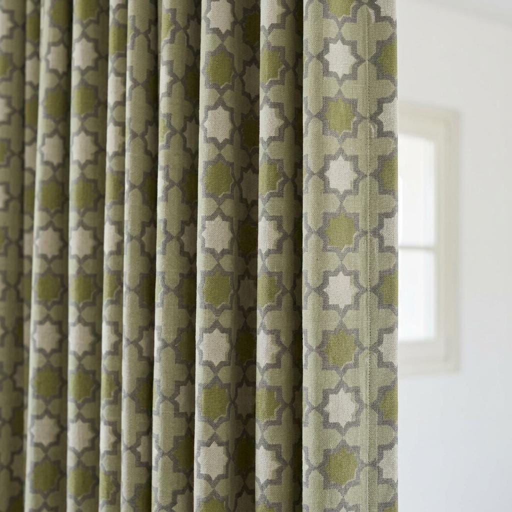 Olive Green Ivory Pure Linen Curtains, Sage Grey Moroccan Geometric Print, Custom Blackout or Light Filtering — image 1