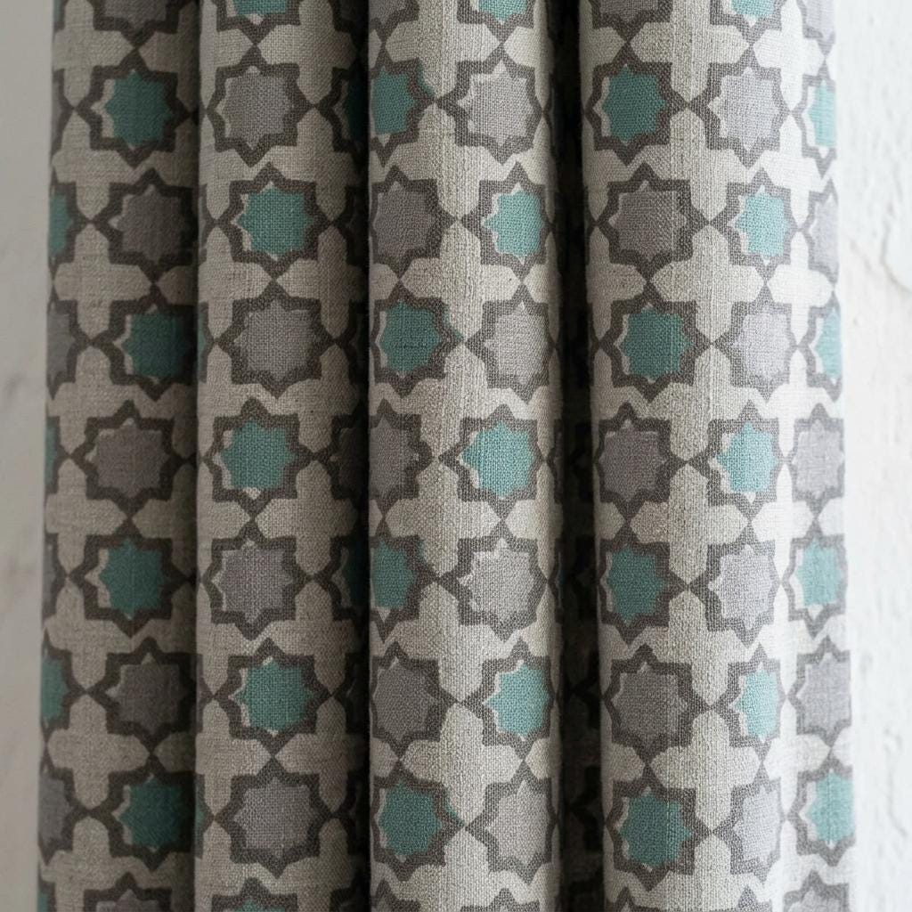 Aqua Teal Gray Pure Linen Curtains, Ivory Moroccan Geometric Print, Custom Blackout or Light Filtering — image 1