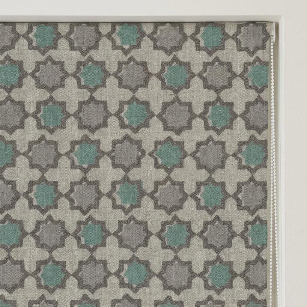 Aqua Turquoise Gray Linen Roman Shade, Ivory Moroccan Geometric Corded Blind, Custom Blackout or Light Filtering — image 1