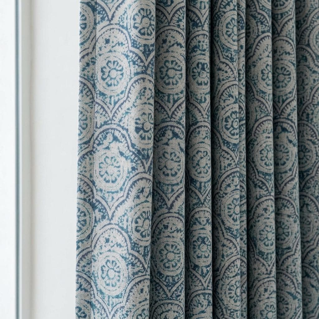 Indigo Teal Pure Linen Curtains, Ivory Moroccan Scallop Medallion Print, Blackout or Light Filtering Drapes — image 1