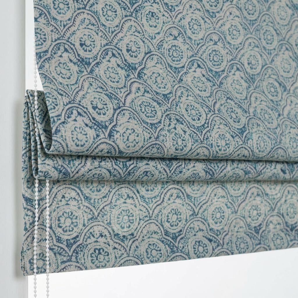 Blue Ivory Linen Roman Shade, Vintage Floral Scallop Fan Print, Custom Corded Blackout or Light Filtering Blind — image 1