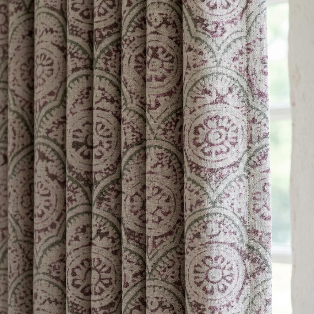 Burgundy Sage Pure Linen Curtains, Ivory Moroccan Scallop Floral Print, Custom Blackout or Light Filtering Drapes — image 1
