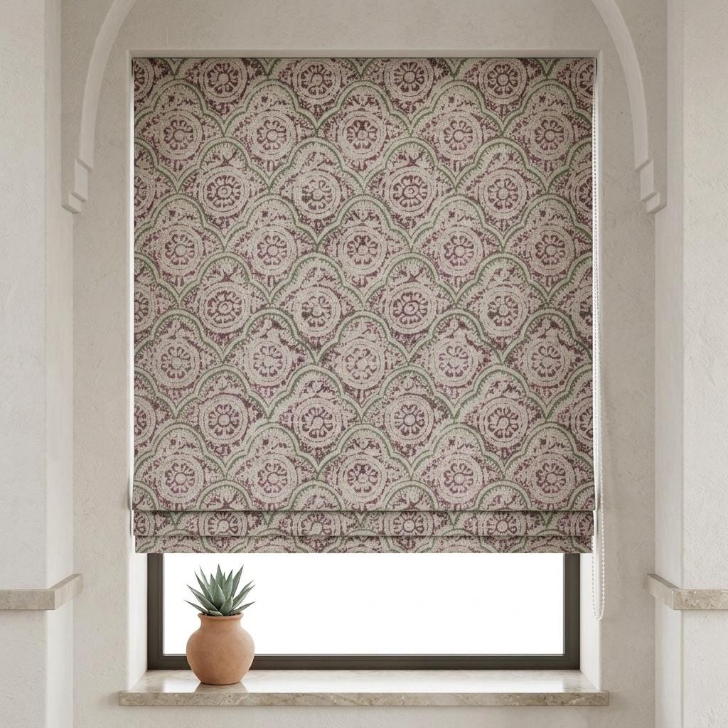 Dusty Rose Sage Linen Roman Shade, Ivory Floral Scallop, Custom Blackout or Light Filtering Blind — image 1