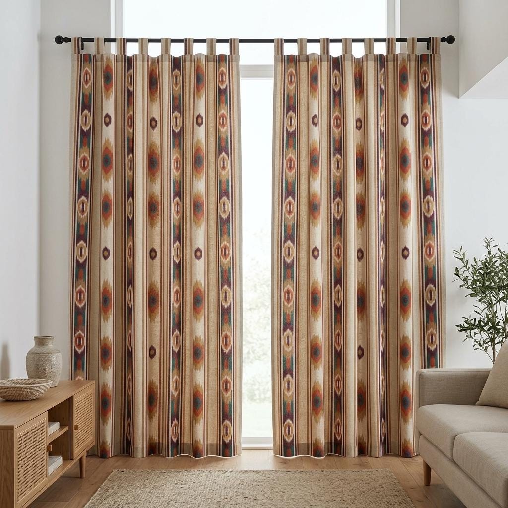 Terracotta Teal Pure Linen Curtains, Southwestern Ikat Stripe, Custom Blackout or Light Filtering Boho Drapes — image 5