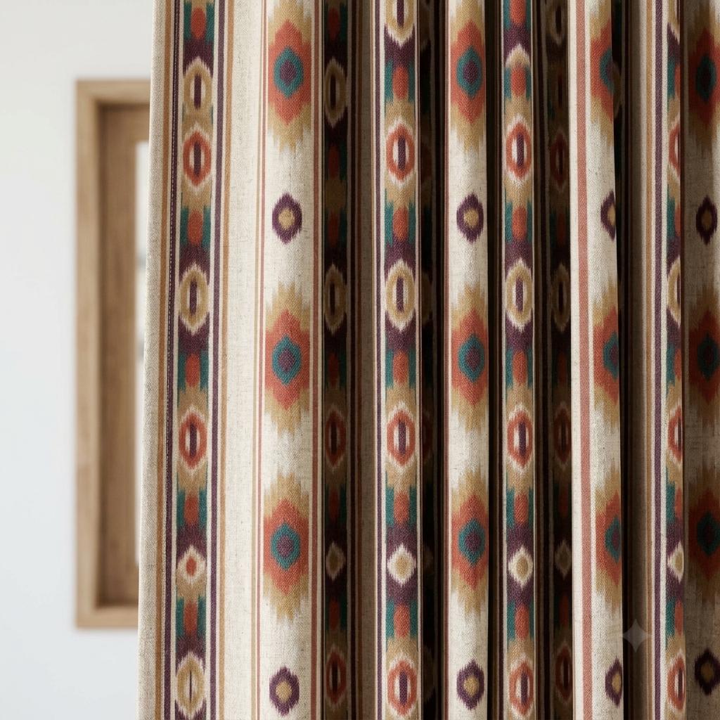 Terracotta Teal Pure Linen Curtains, Southwestern Ikat Stripe, Custom Blackout or Light Filtering Boho Drapes — image 2