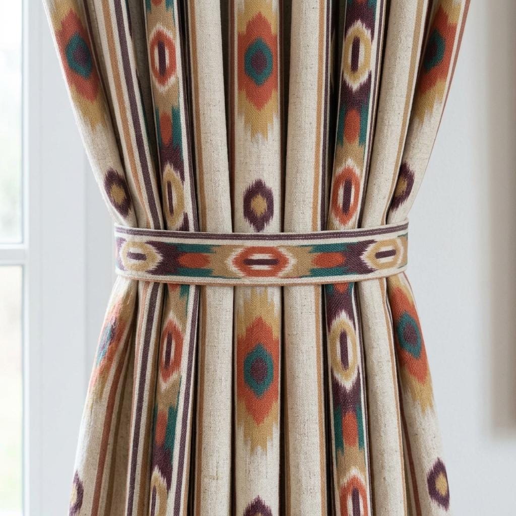 Terracotta Teal Pure Linen Curtains, Southwestern Ikat Stripe, Custom Blackout or Light Filtering Boho Drapes — image 1