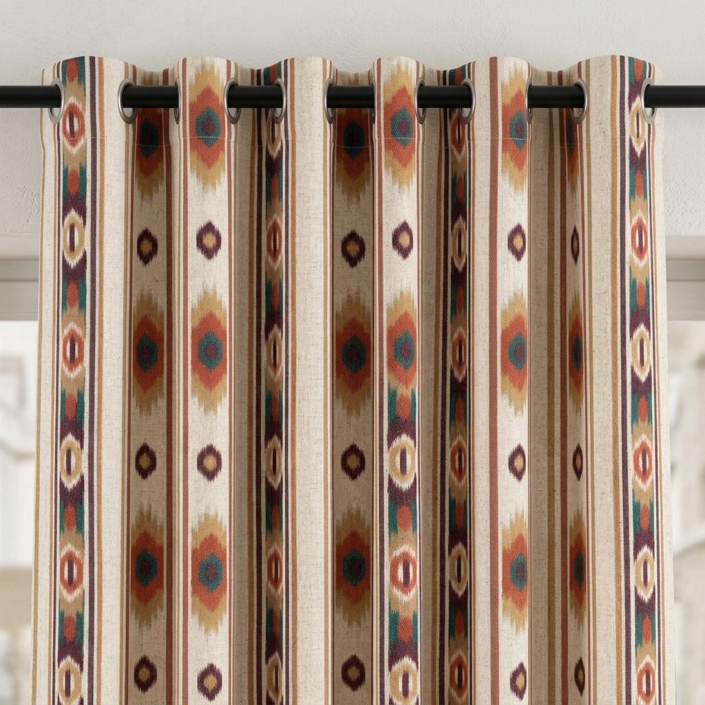 Terracotta Teal Pure Linen Curtains, Southwestern Ikat Stripe, Custom Blackout or Light Filtering Boho Drapes — image 7