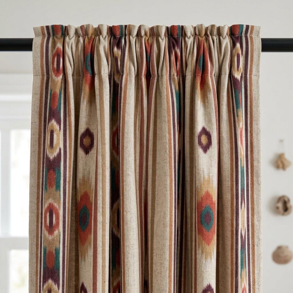 Terracotta Teal Pure Linen Curtains, Southwestern Ikat Stripe, Custom Blackout or Light Filtering Boho Drapes — image 10