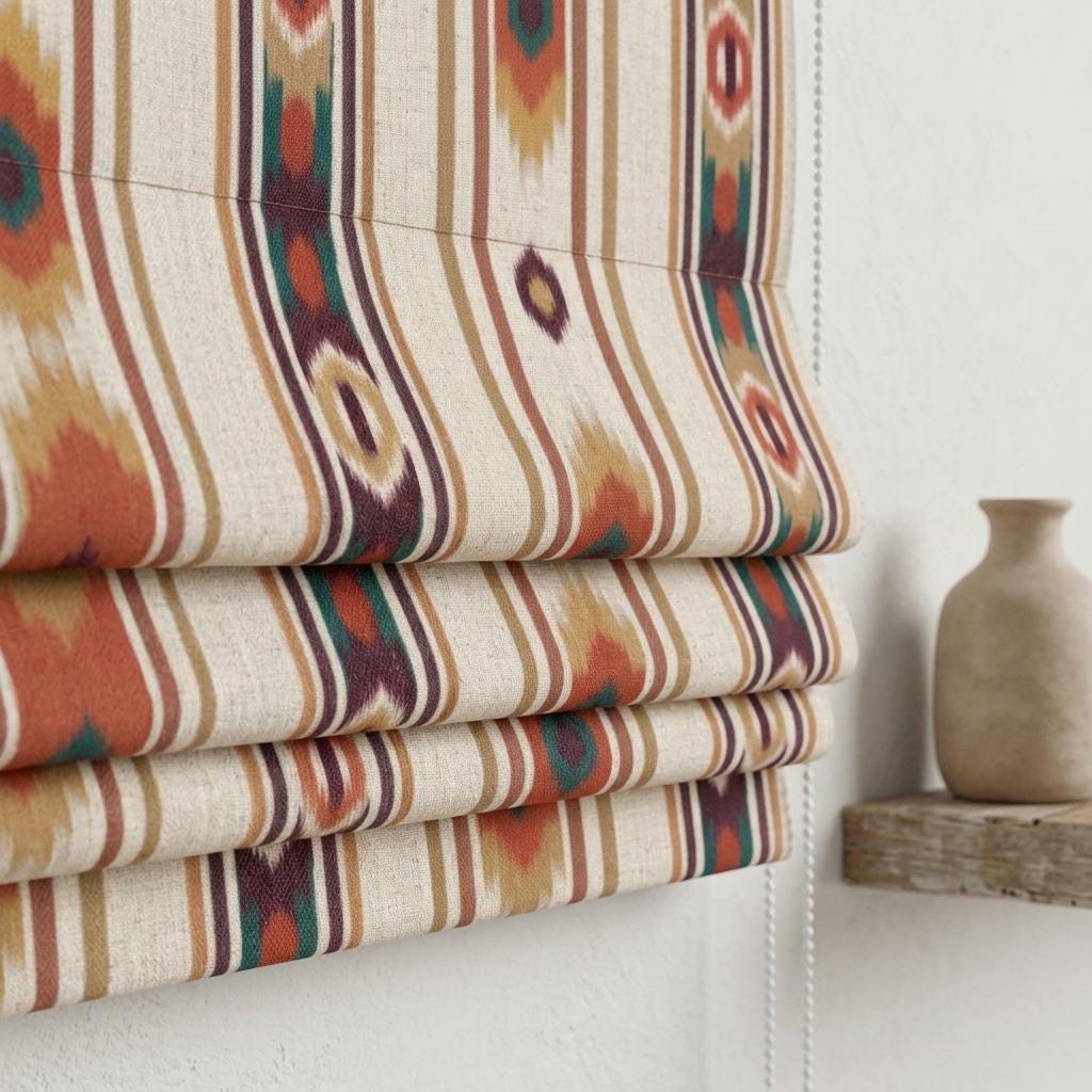 Rust Teal Ikat Linen Roman Shade, Ivory Southwestern Stripe, Custom Blackout or Light Filtering Blind — image 1