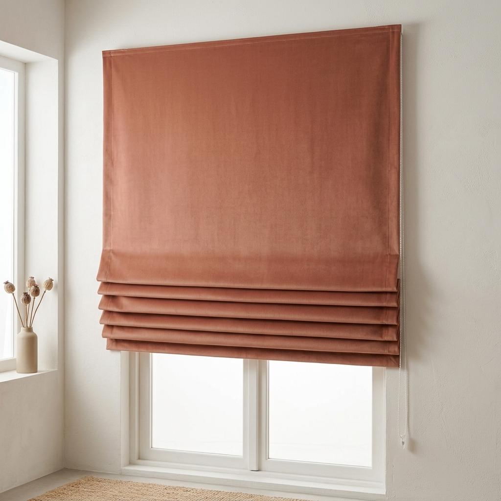 Terracotta Rust Matte Velvet Roman Shade, Custom Corded Window Blind, Blackout or Light Filtering — image 1