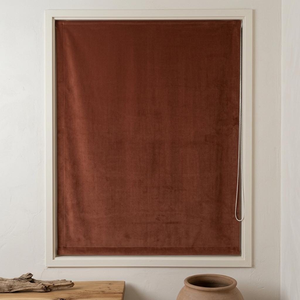 Rust Brown Matte Velvet Roman Shade, Custom Corded Window Blind, Blackout or Light Filtering — image 1