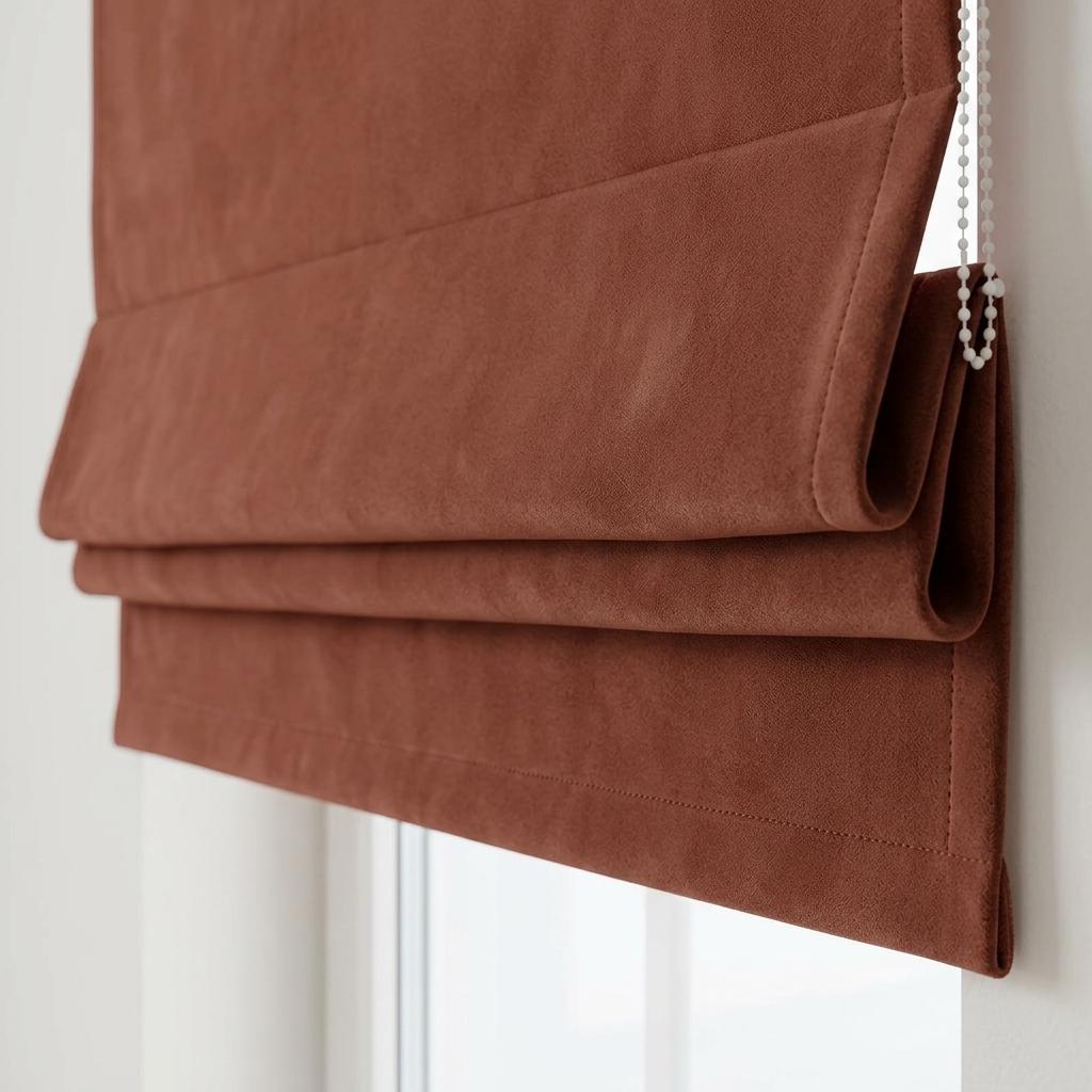 Rust Brown Matte Velvet Roman Shade, Custom Corded Window Blind, Blackout or Light Filtering — image 1