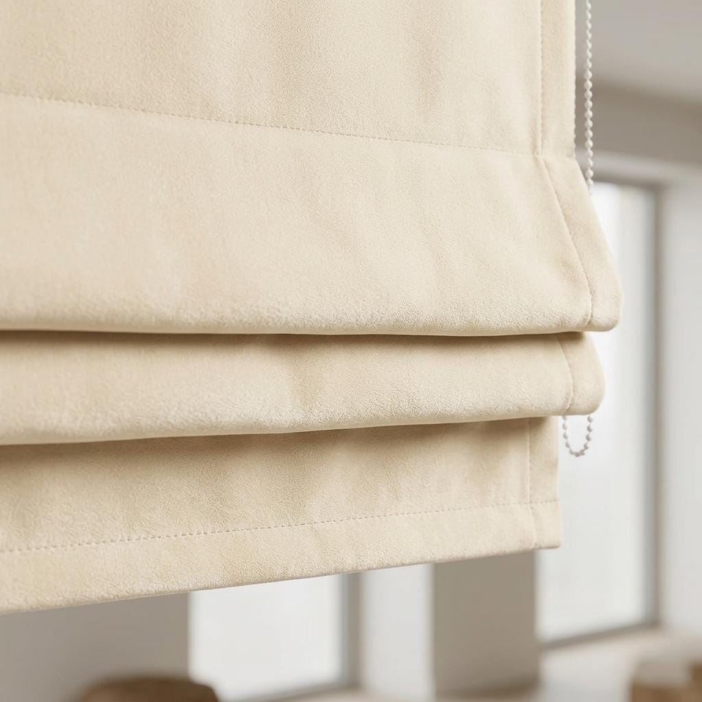 Ivory Cream Matte Velvet Roman Shade, Custom Corded Window Blind, Blackout or Light Filtering — image 1