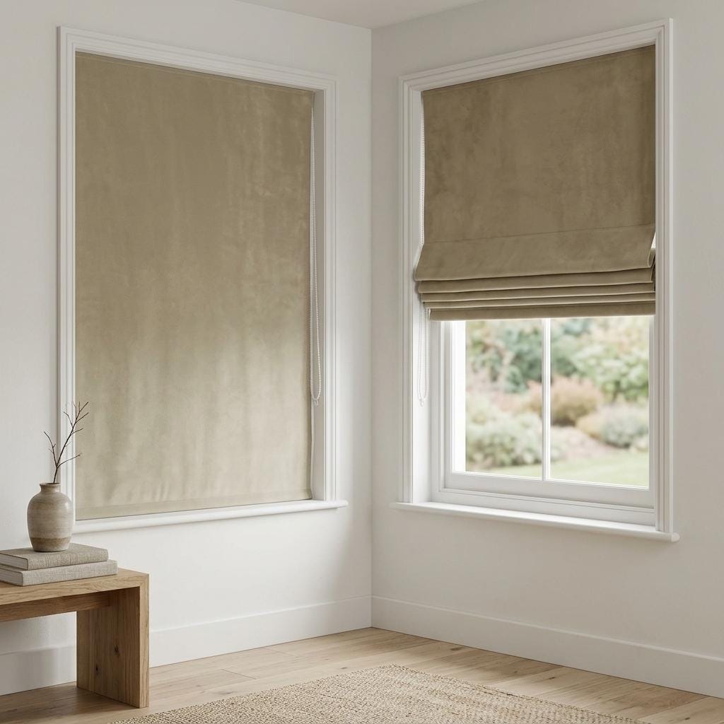 Champagne Beige Matte Velvet Roman Shade, Custom Corded Window Blind, Blackout or Light Filtering — image 1
