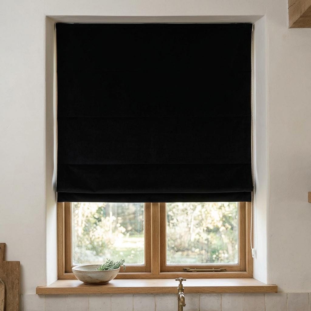 Solid Black Matte Velvet Roman Shade, Custom Corded Window Blind, Blackout or Light Filtering — image 1