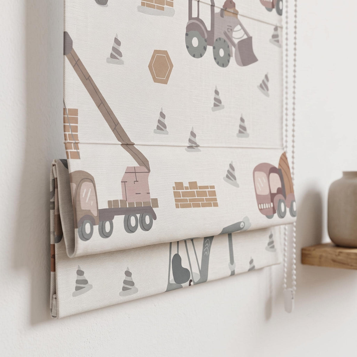 Custom Construction Truck Linen Roman Shade, Blue-Gray Terracotta Excavator Nursery Blind, Blackout or Light Filtering — image 5