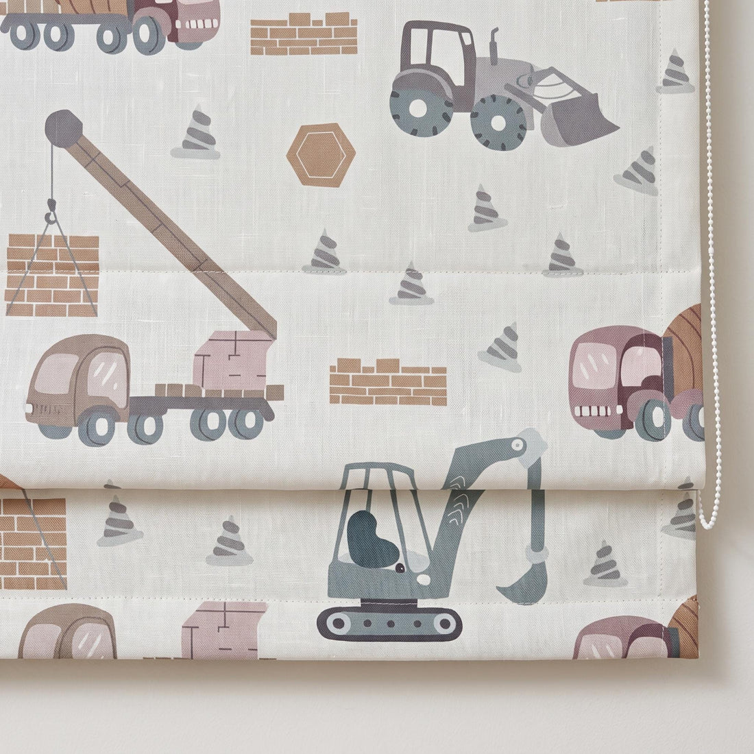 Custom Construction Truck Linen Roman Shade, Blue-Gray Terracotta Excavator Nursery Blind, Blackout or Light Filtering — image 1
