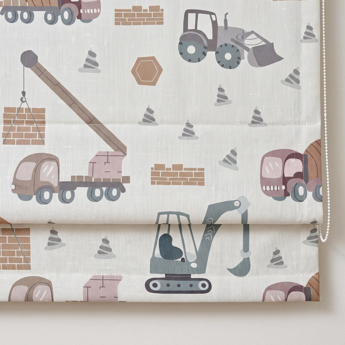 Custom Construction Truck Linen Roman Shade, Blue-Gray Terracotta Excavator Nursery Blind, Blackout or Light Filtering — image 1