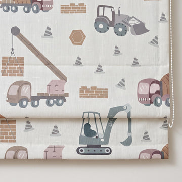 Custom Construction Truck Linen Roman Shade, Blue-Gray Terracotta Excavator Nursery Blind, Blackout or Light Filtering — image 1