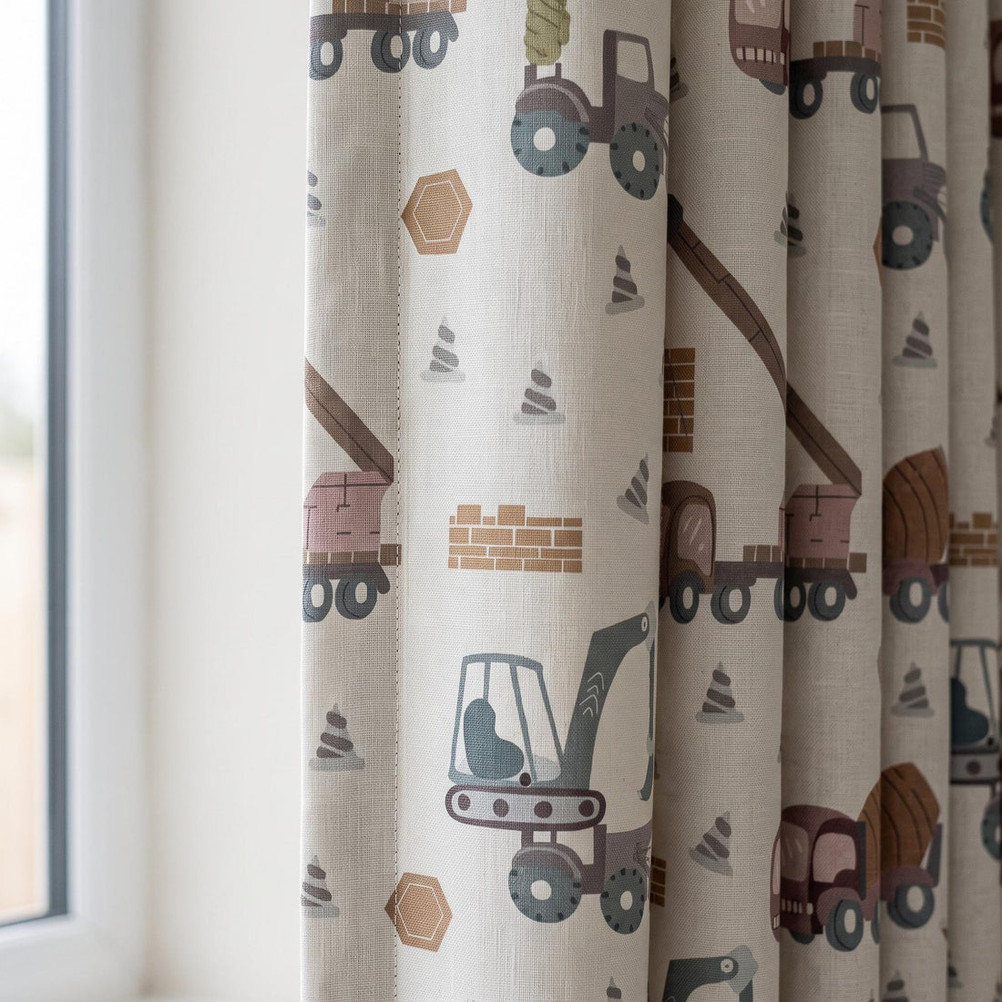 Ivory Slate Blue Terracotta Construction Vehicle Linen Curtains, Excavator Truck Print, Custom Blackout Nursery Drapes — image 1