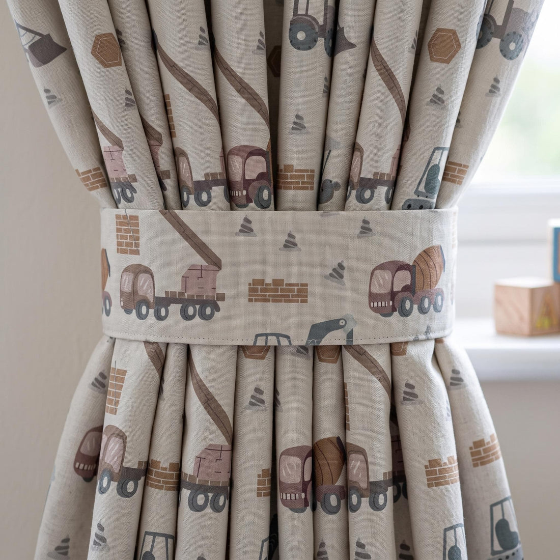 Ivory Slate Blue Terracotta Construction Vehicle Linen Curtains, Excavator Truck Print, Custom Blackout Nursery Drapes — image 1