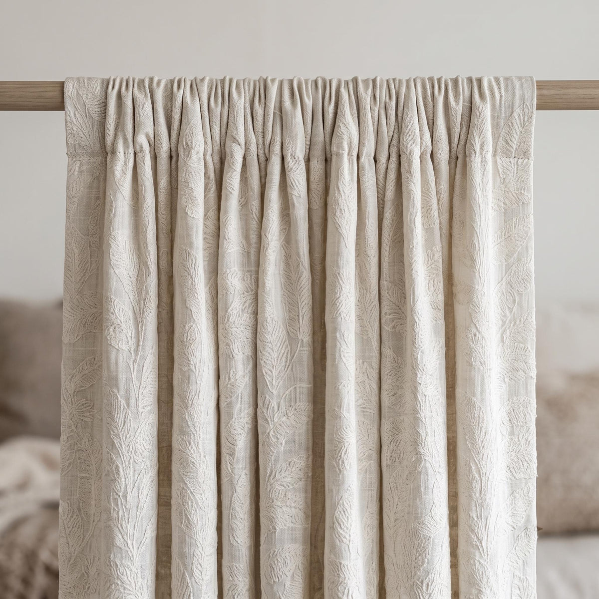 Off White Embroidered Pure Linen Curtains, Ivory Botanical Fern Leaf, Custom Blackout or Light Filtering Drapes — image 7