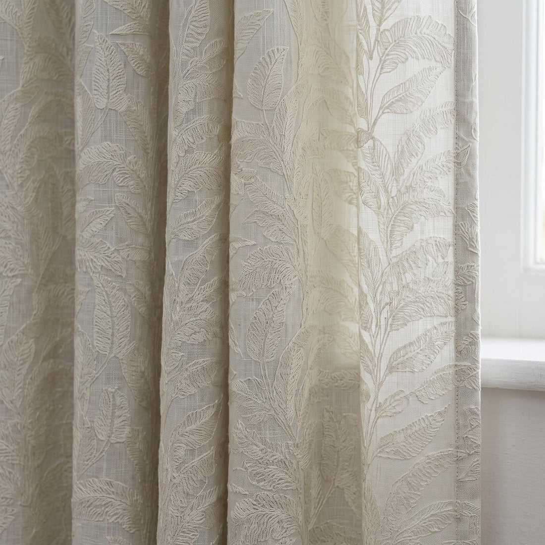 Off White Embroidered Pure Linen Curtains, Ivory Botanical Fern Leaf, Custom Blackout or Light Filtering Drapes — image 1