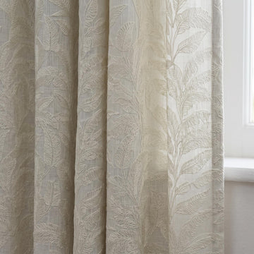 Off White Embroidered Pure Linen Curtains, Ivory Botanical Fern Leaf, Custom Blackout or Light Filtering Drapes — image 1