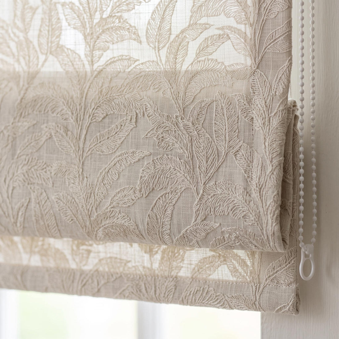 Off-White Embroidered Linen Roman Shade, Ivory Botanical Leaf Blind, Custom Corded Blackout or Light-Filtering — image 1