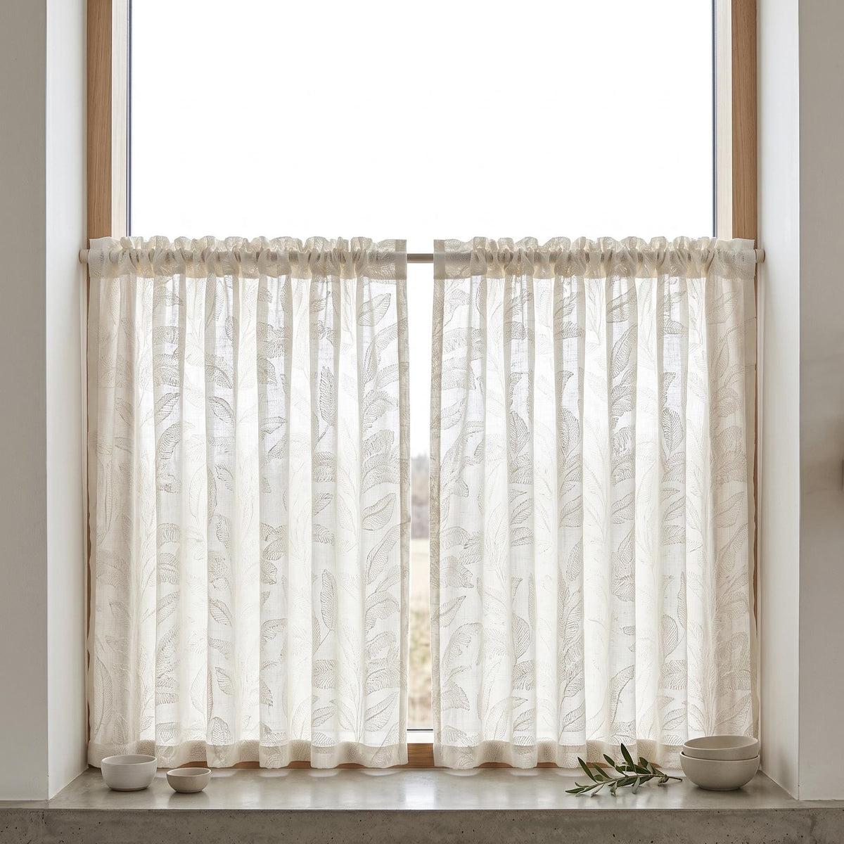 Ivory on Ivory Embroidered Pure Linen Sheer Curtains, Botanical Fern Leaf Drapes, Custom Light Filtering Panels — image 8