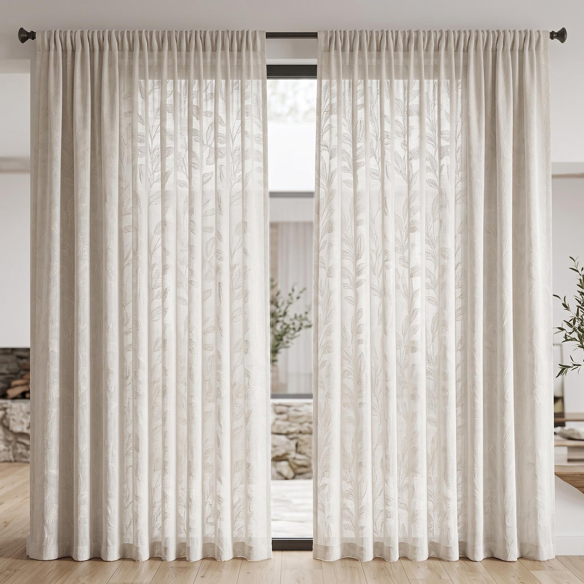 Ivory on Ivory Embroidered Pure Linen Sheer Curtains, Botanical Fern Leaf Drapes, Custom Light Filtering Panels — image 10