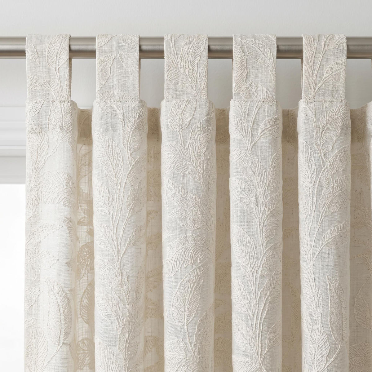 Ivory on Ivory Embroidered Pure Linen Sheer Curtains, Botanical Fern Leaf Drapes, Custom Light Filtering Panels — image 2