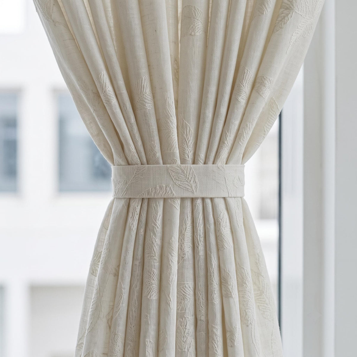 Ivory on Ivory Embroidered Pure Linen Sheer Curtains, Botanical Fern Leaf Drapes, Custom Light Filtering Panels — image 9