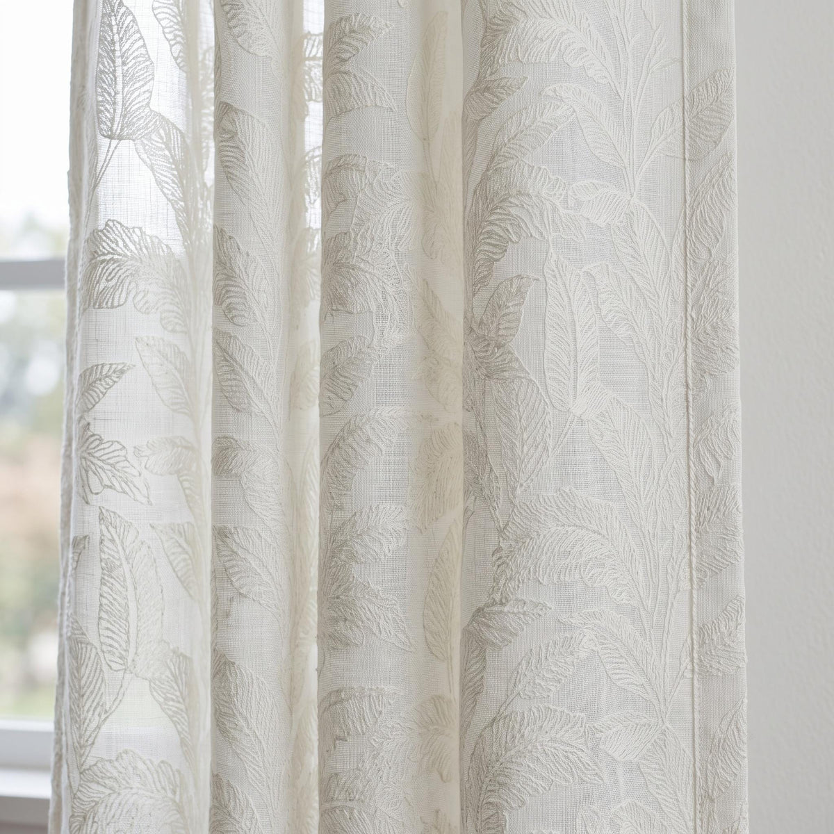 Ivory on Ivory Embroidered Pure Linen Sheer Curtains, Botanical Fern Leaf Drapes, Custom Light Filtering Panels — image 6