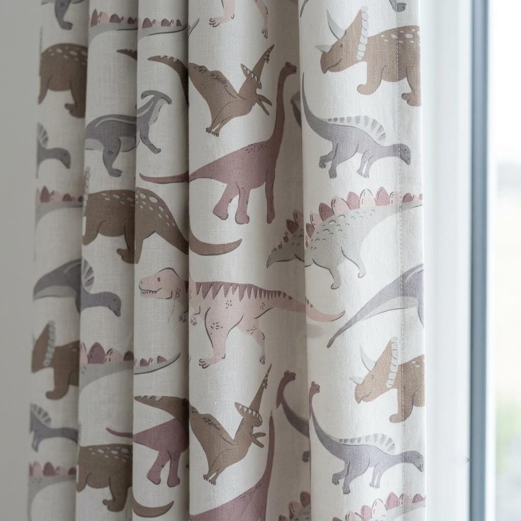 Ivory Blush Mauve Dinosaur Pure Linen Curtains, Gray T-Rex Stegosaurus Print, Custom Blackout Nursery Drapes — image 1