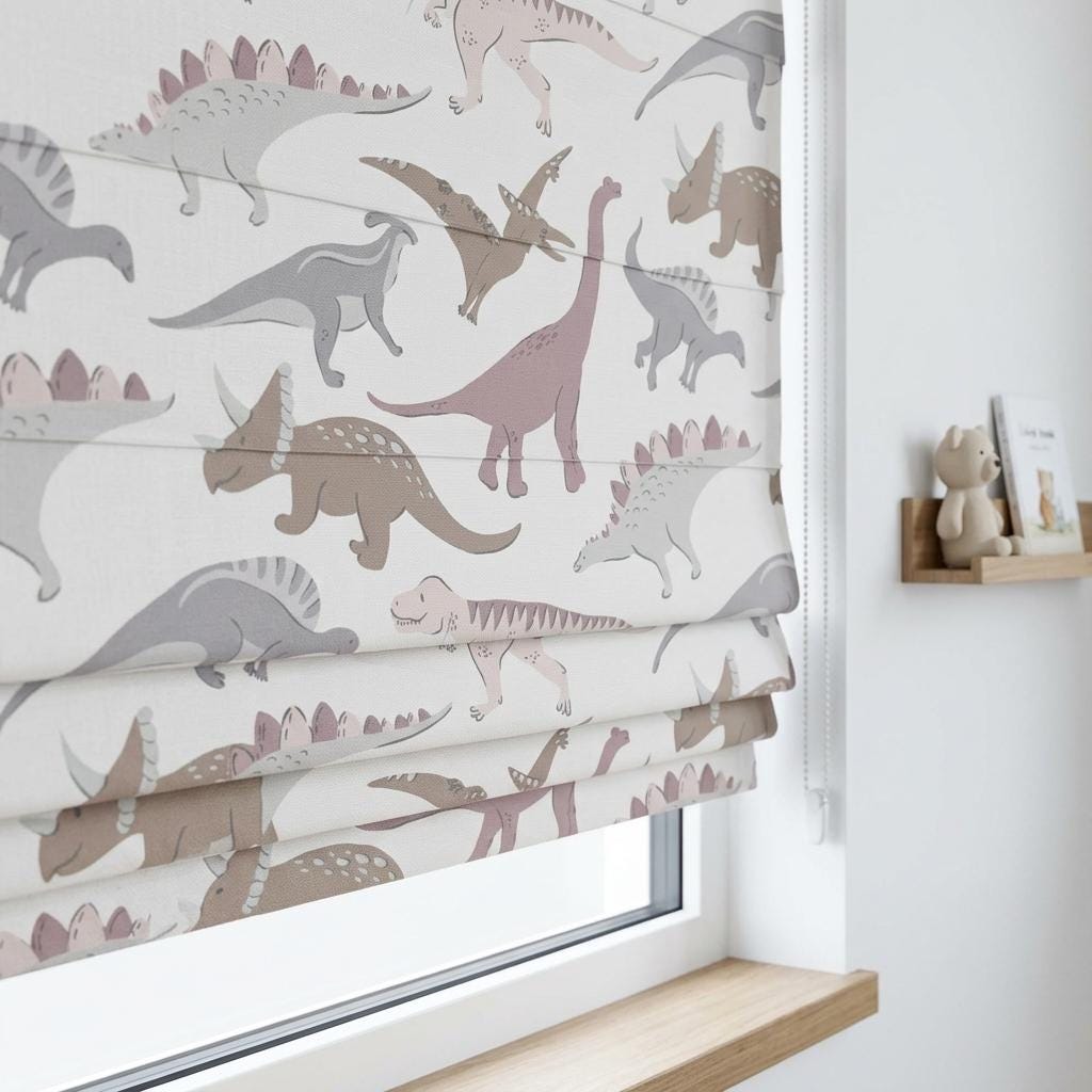 Pastel Dinosaur Linen Roman Shade, Ivory Blush Gray Nursery Blind, Custom Blackout or Light Filtering — image 4