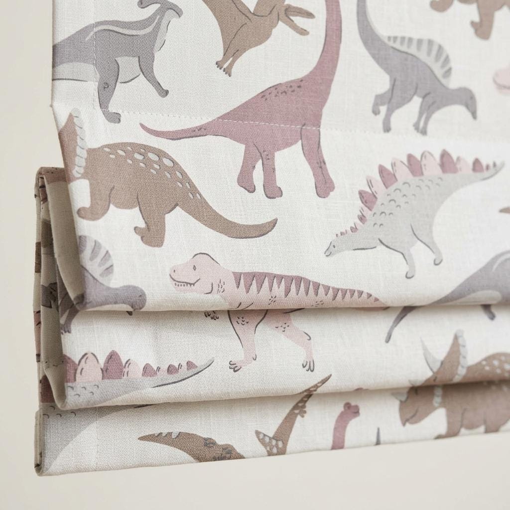 Pastel Dinosaur Linen Roman Shade, Ivory Blush Gray Nursery Blind, Custom Blackout or Light Filtering — image 1