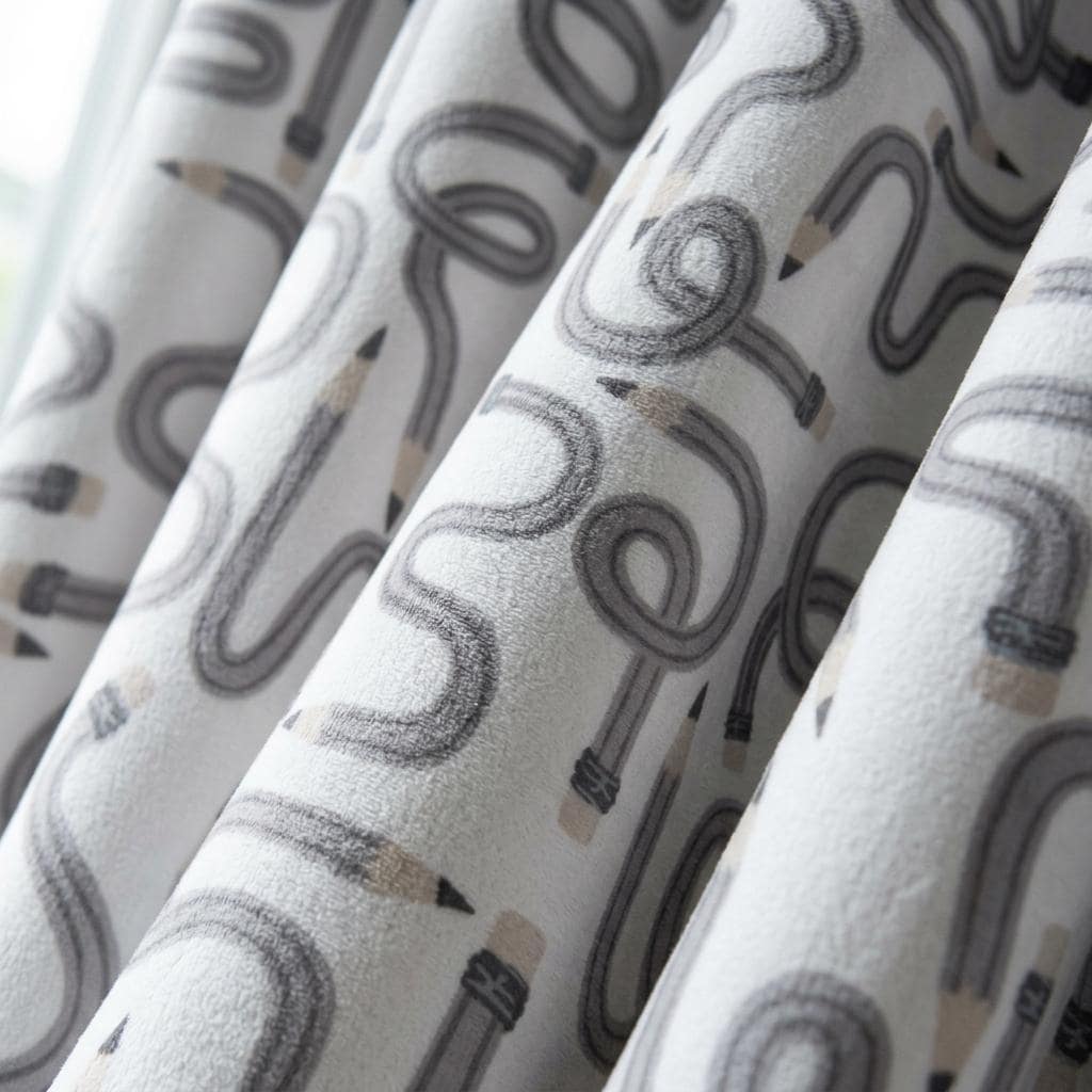 Soft White Gray Pencil Print Velvet Curtains, Blush Doodle Pattern, Custom Blackout Kids Room Drapes — image 6
