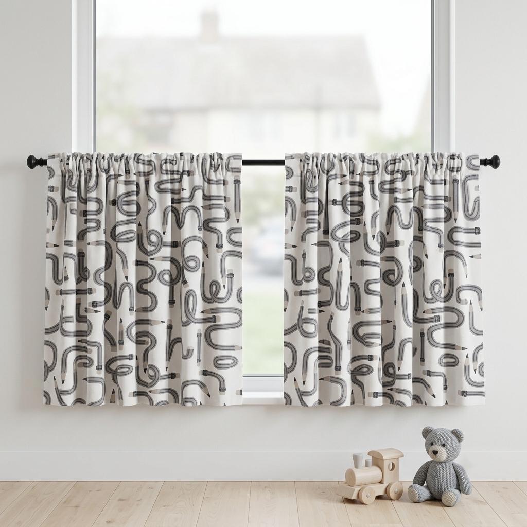 Soft White Gray Pencil Print Velvet Curtains, Blush Doodle Pattern, Custom Blackout Kids Room Drapes — image 7