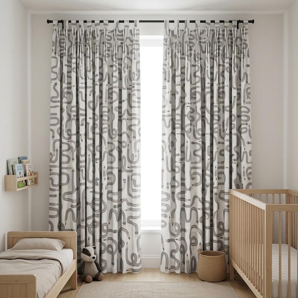 Soft White Gray Pencil Print Velvet Curtains, Blush Doodle Pattern, Custom Blackout Kids Room Drapes — image 5