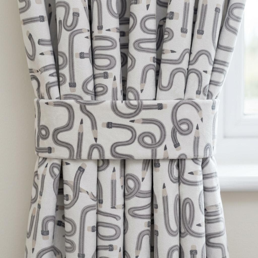 Soft White Gray Pencil Print Velvet Curtains, Blush Doodle Pattern, Custom Blackout Kids Room Drapes — image 1