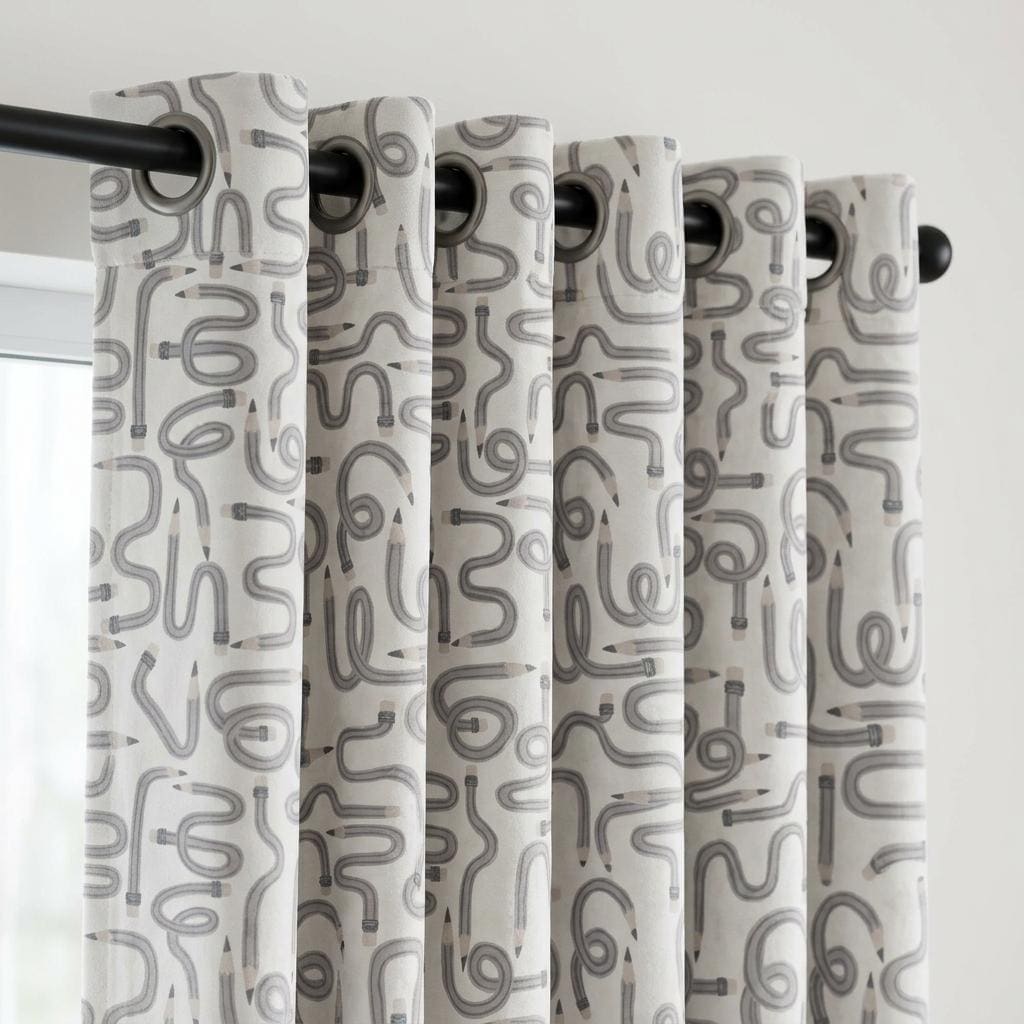 Soft White Gray Pencil Print Velvet Curtains, Blush Doodle Pattern, Custom Blackout Kids Room Drapes — image 8