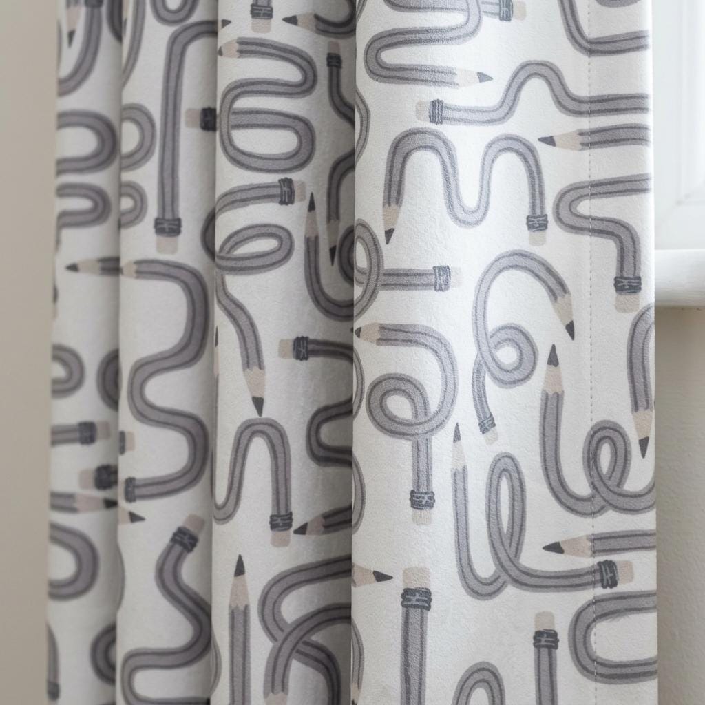 Soft White Gray Pencil Print Velvet Curtains, Blush Doodle Pattern, Custom Blackout Kids Room Drapes — image 1