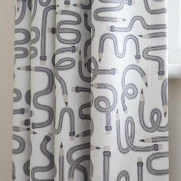 Soft White Gray Pencil Print Velvet Curtains, Blush Doodle Pattern, Custom Blackout Kids Room Drapes — image 1